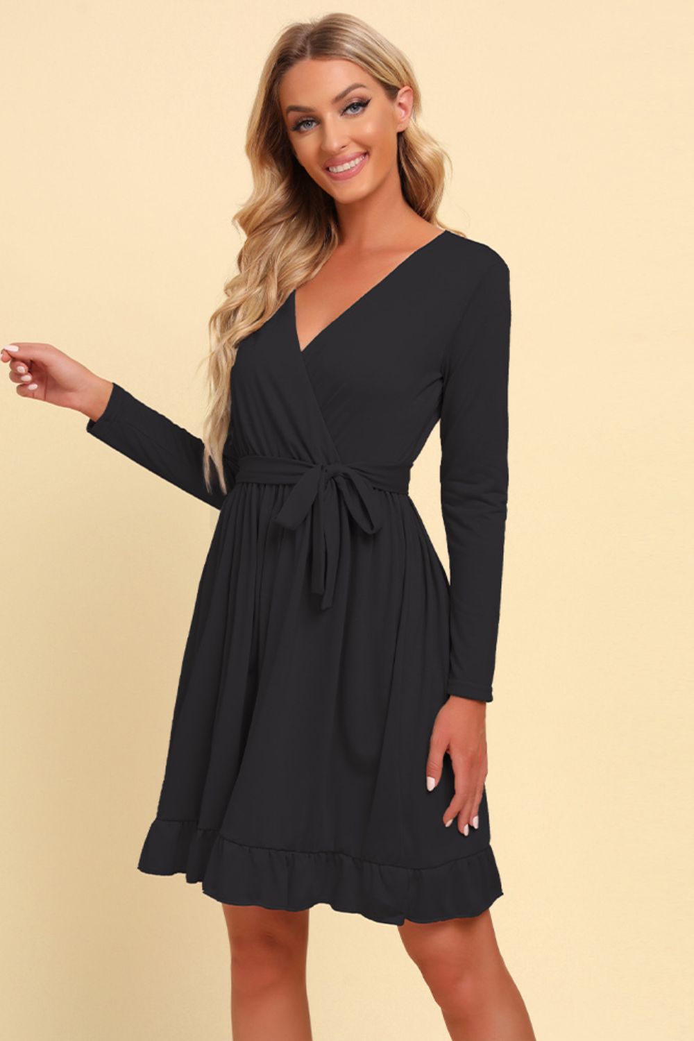 Long Sleeve Tie Waist Ruffle Hem Dress-Angel Casuals