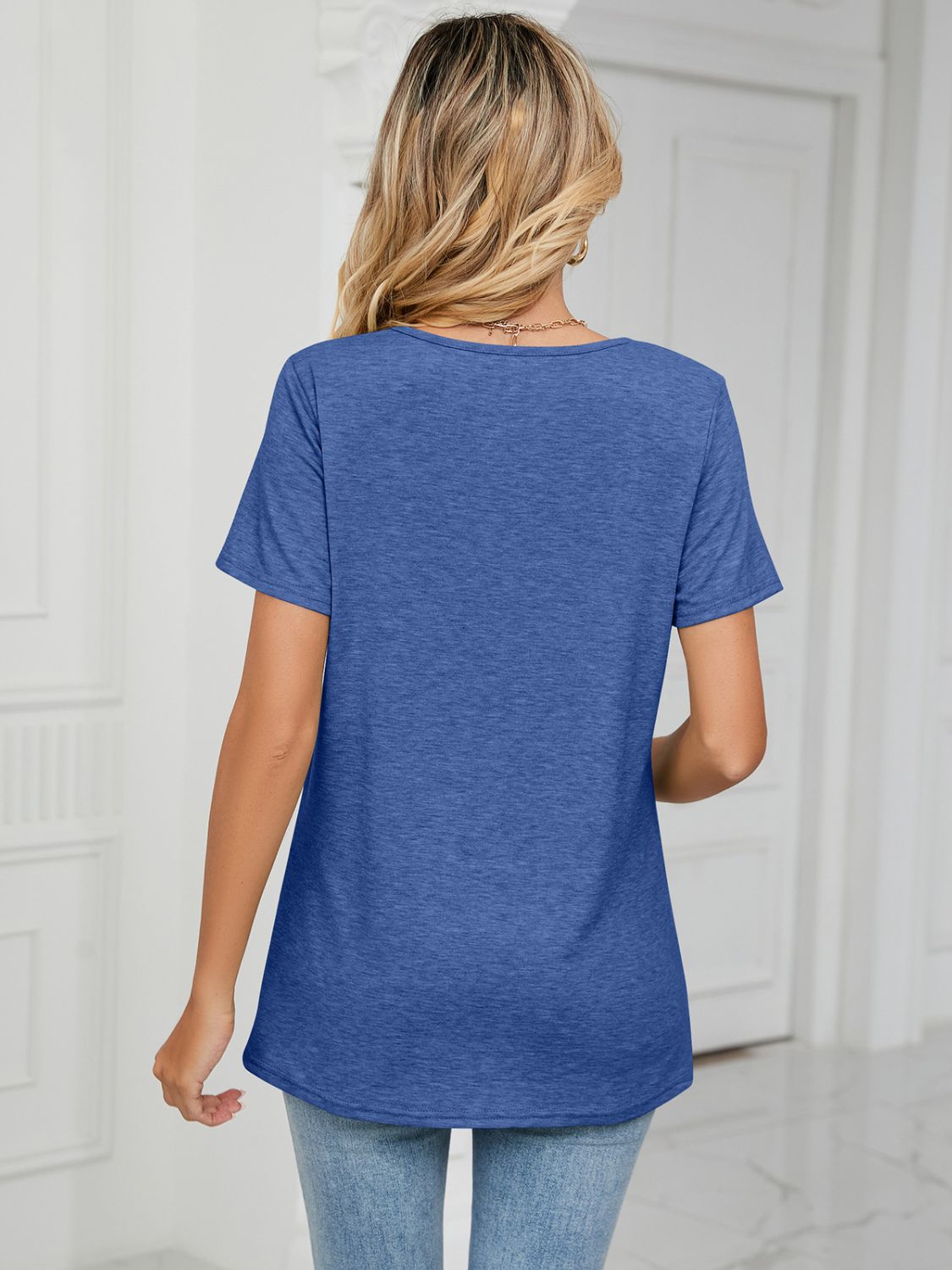 Ruched V-Neck Short Sleeve T-Shirt-Angel Casuals