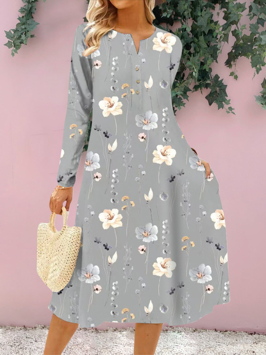 Floral Notched Long Sleeve Midi Dress-Angel Casuals