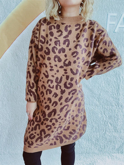 Leopard Round Neck Long Sleeve Sweater-Angel Casuals