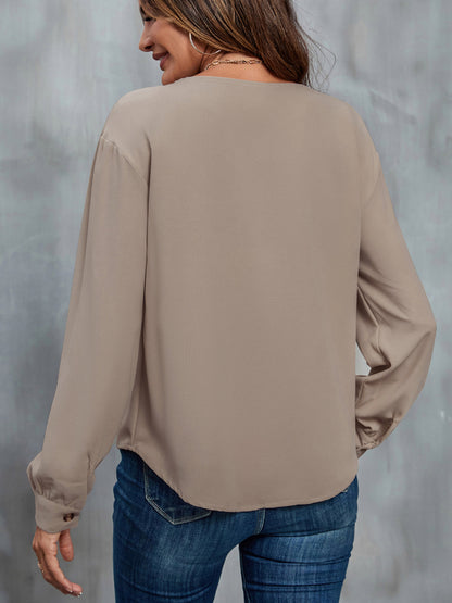 Asymmetrical Neck Buttoned Long Sleeve Top-Angel Casuals