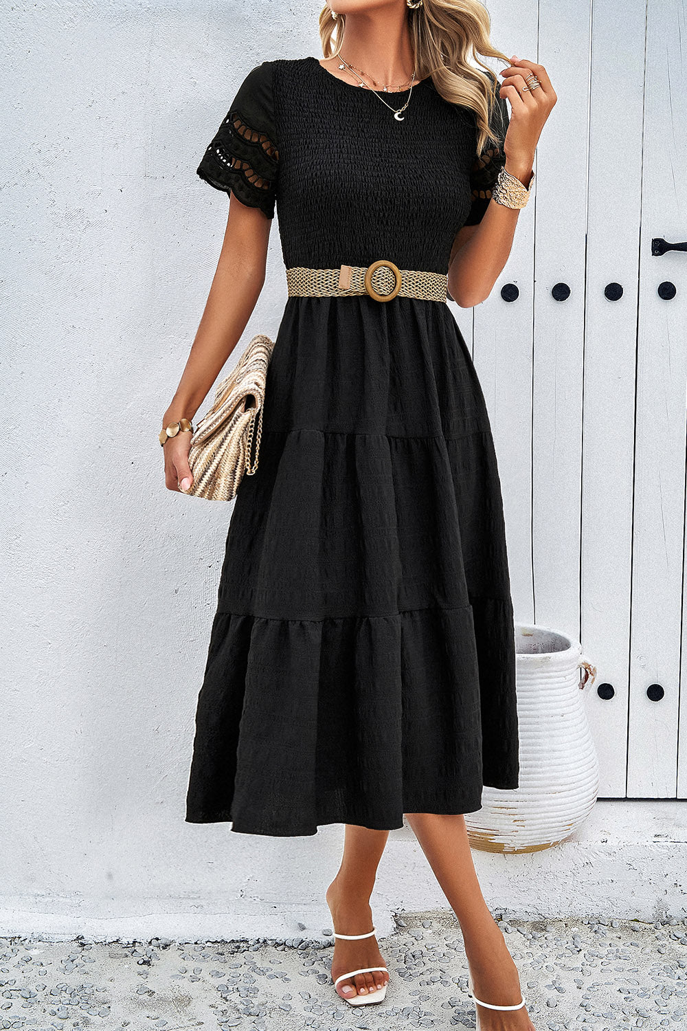 Smocked Round Neck Short Sleeve Midi Dress-Angel Casuals