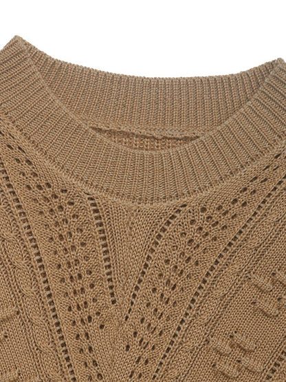 Perfee Openwork Round Neck Long Sleeve Sweater-Angel Casuals