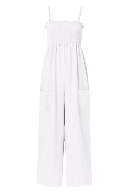 Smocked Spaghetti Strap Wide Leg Jumpsuit-Angel Casuals