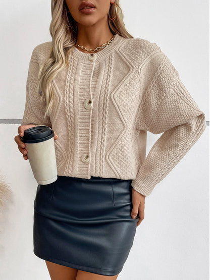 Cable-Knit Round Neck Button Up Cardigan-Angel Casuals