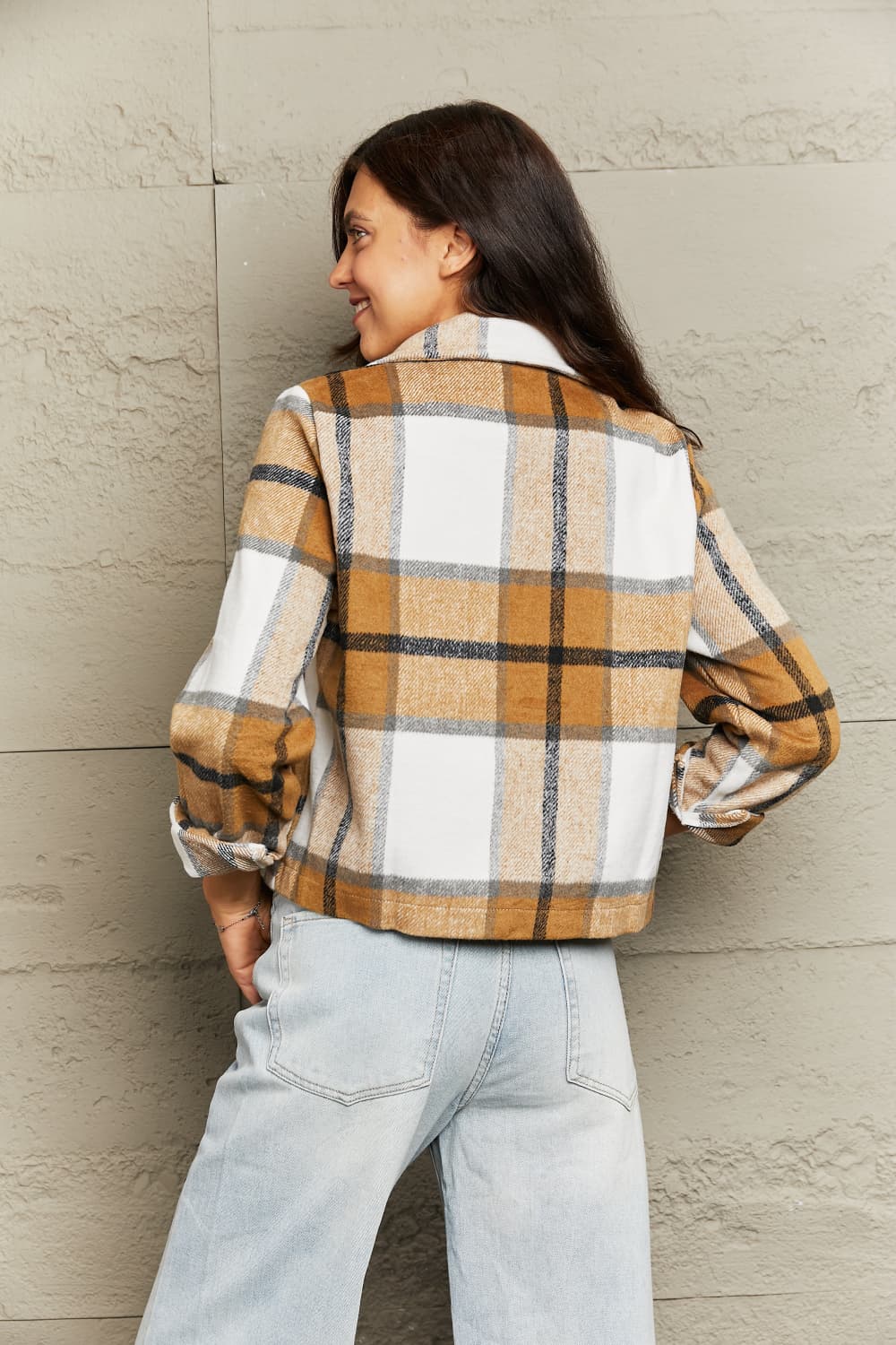 Plaid Collared Neck Jacket with Breast Pockets-Angel Casuals