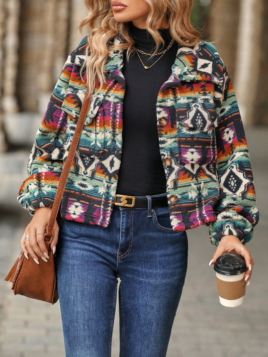 Geometric Dropped Shoulder Balloon Sleeve Outerwear-Angel Casuals
