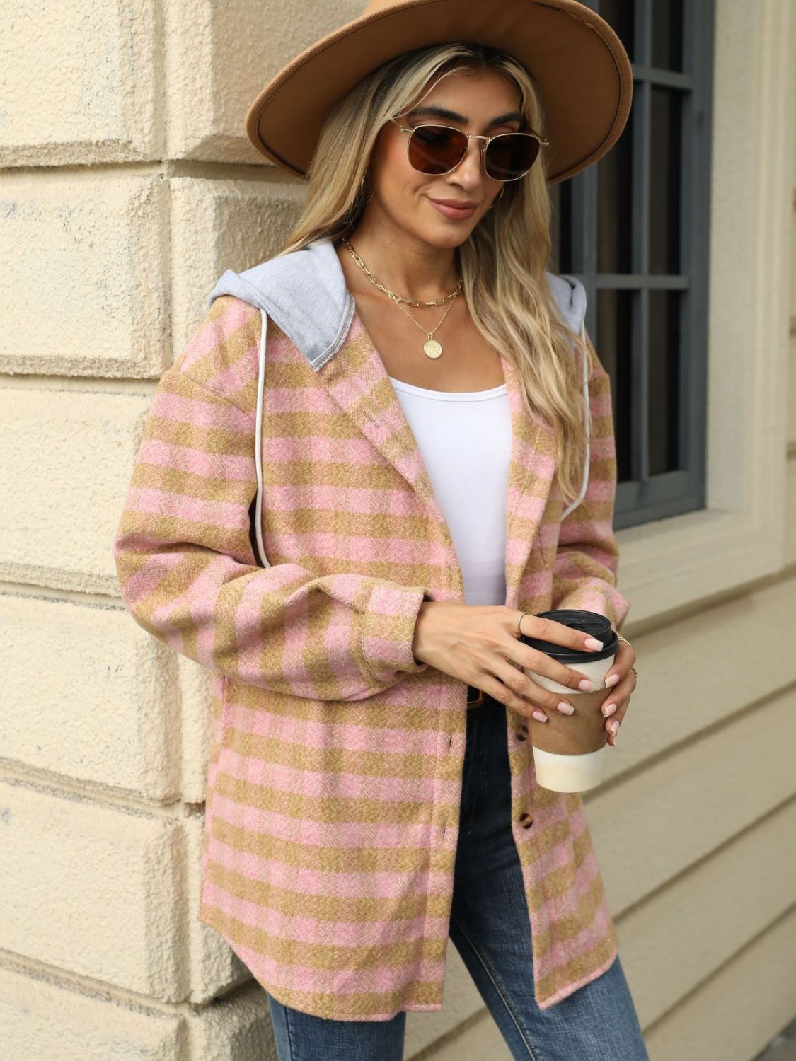 Drawstring Plaid Long Sleeve Hooded Jacket-Angel Casuals