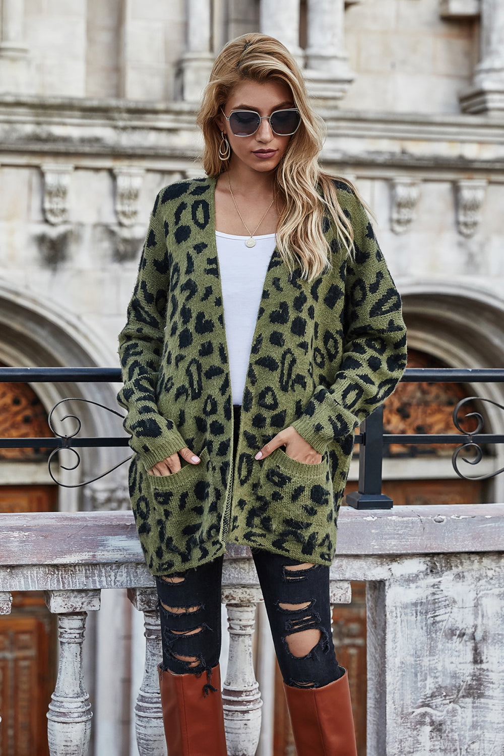 Leopard Longline Cardigan with Pockets-Angel Casuals