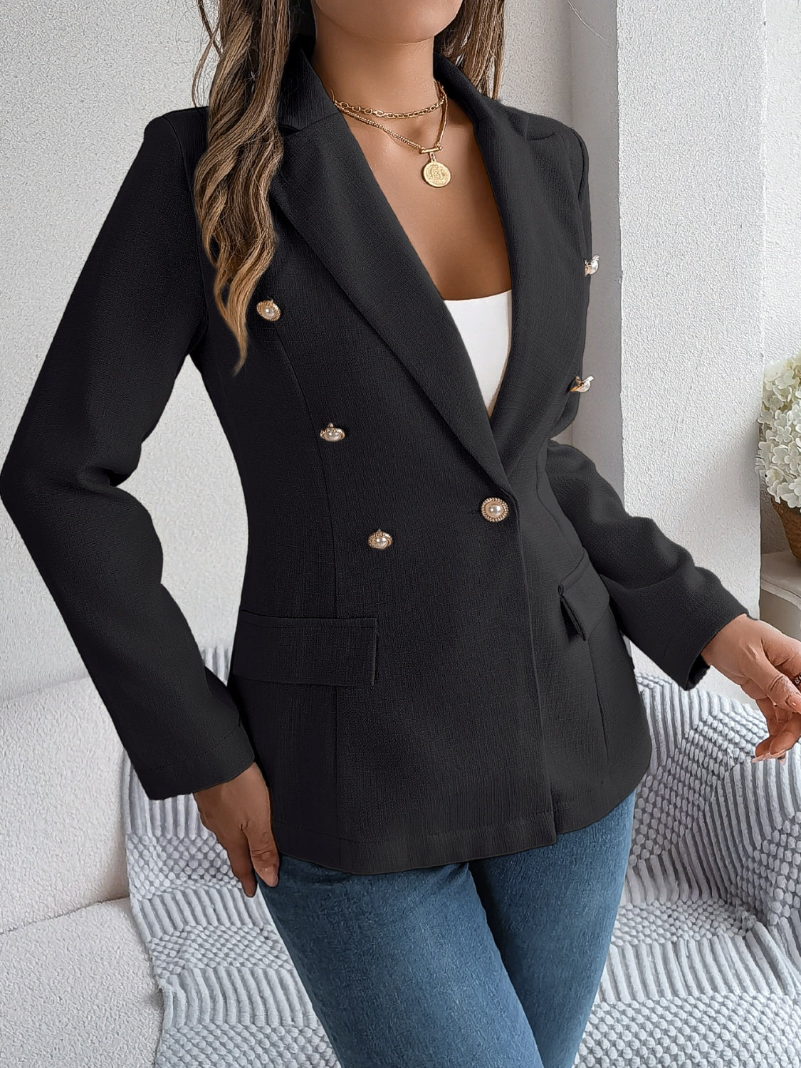 Decorative Pocket Flap Lapel Collar Long Sleeve Blazer-Angel Casuals