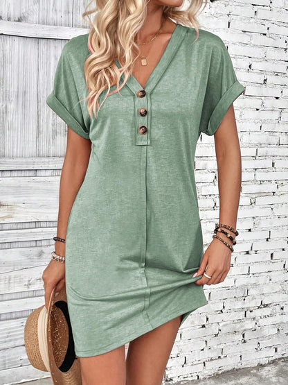 Quarter Button V-Neck Short Sleeve Dress-Angel Casuals