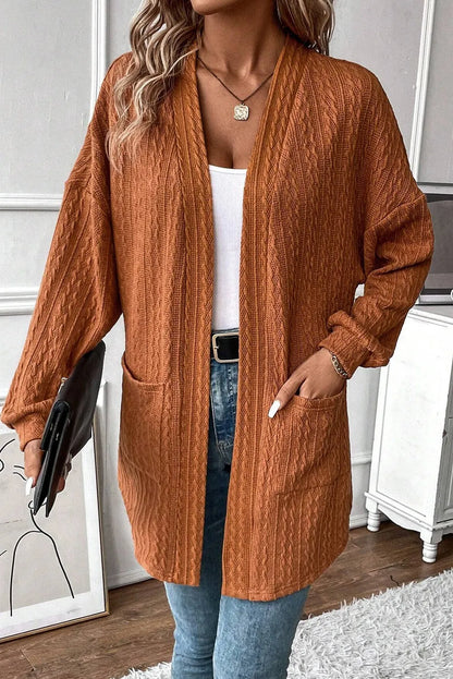 Textured Pocketed Open Front Long Sleeve Cover Up-Angel Casuals