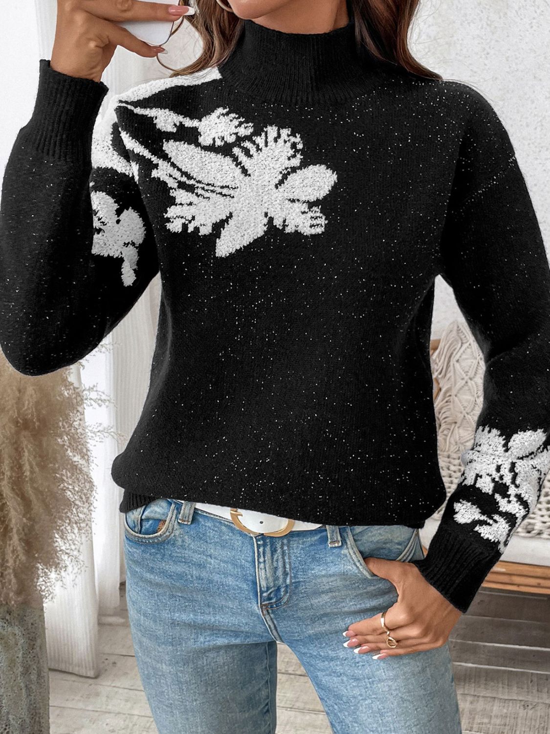 Perfee Flower Mock Neck Long Sleeve Sweater-Angel Casuals