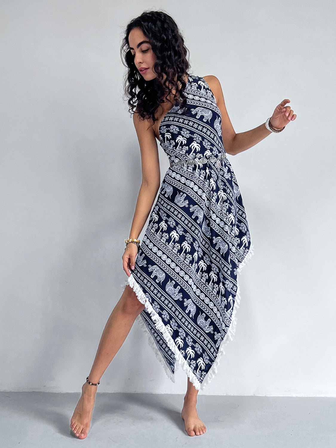 Fringe Printed Single Shoulder Dress-Angel Casuals