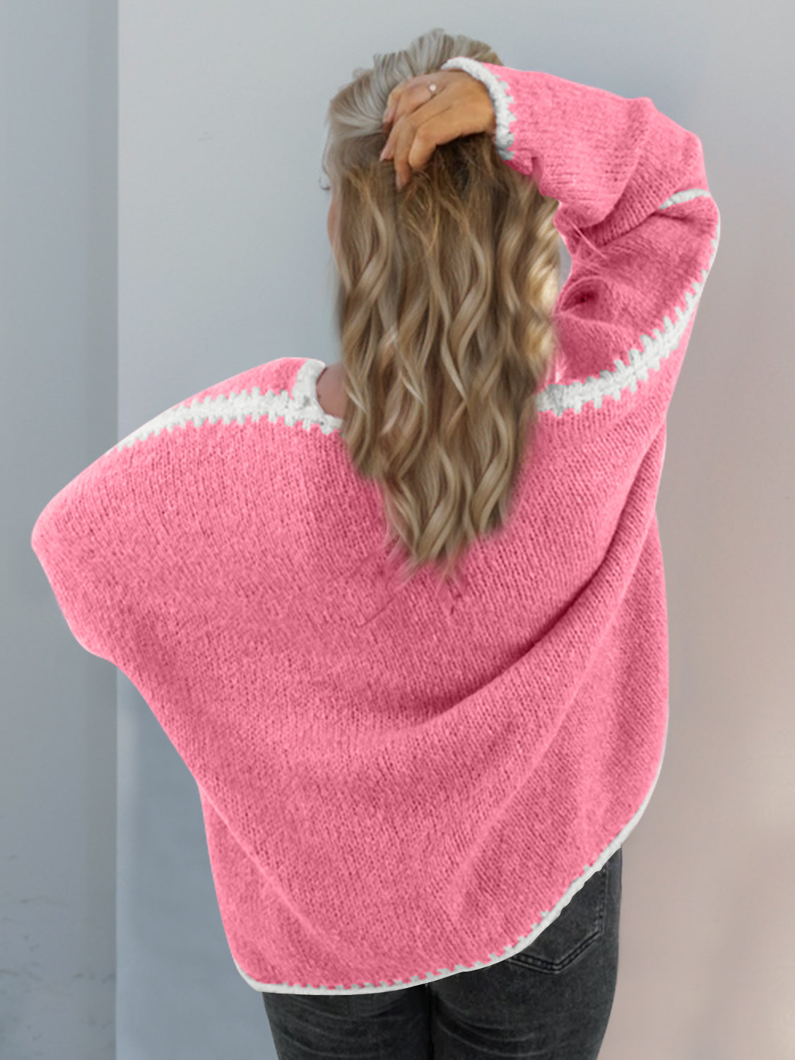 Double Take Contrast Open Front Dropped Shoulder Cardigan-Angel Casuals