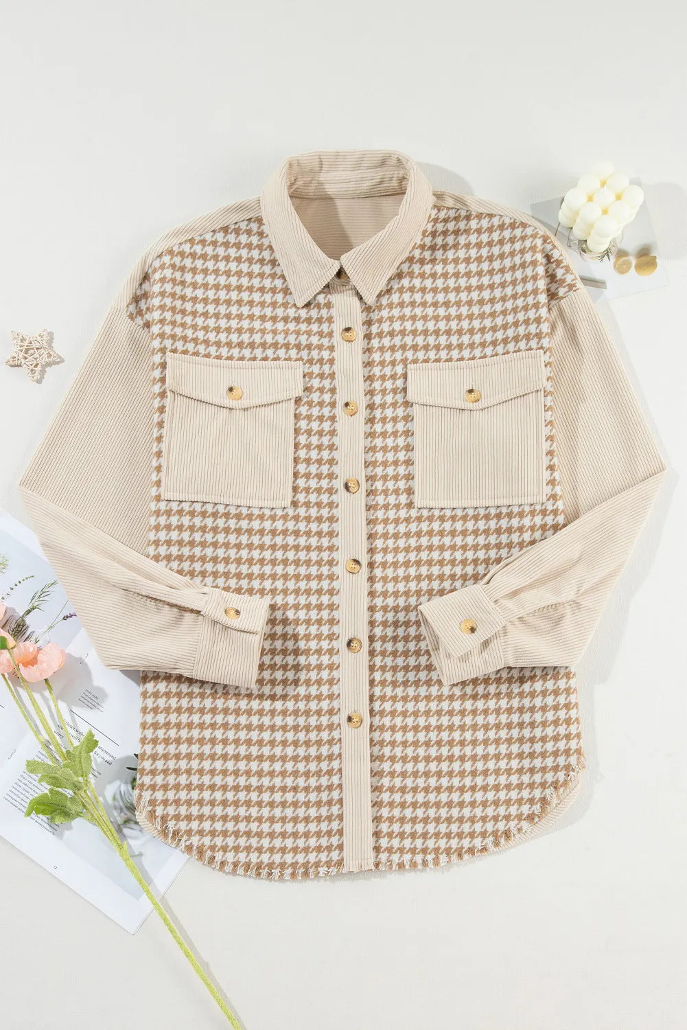 Houndstooth Button Up Long Sleeve Shacket-Angel Casuals