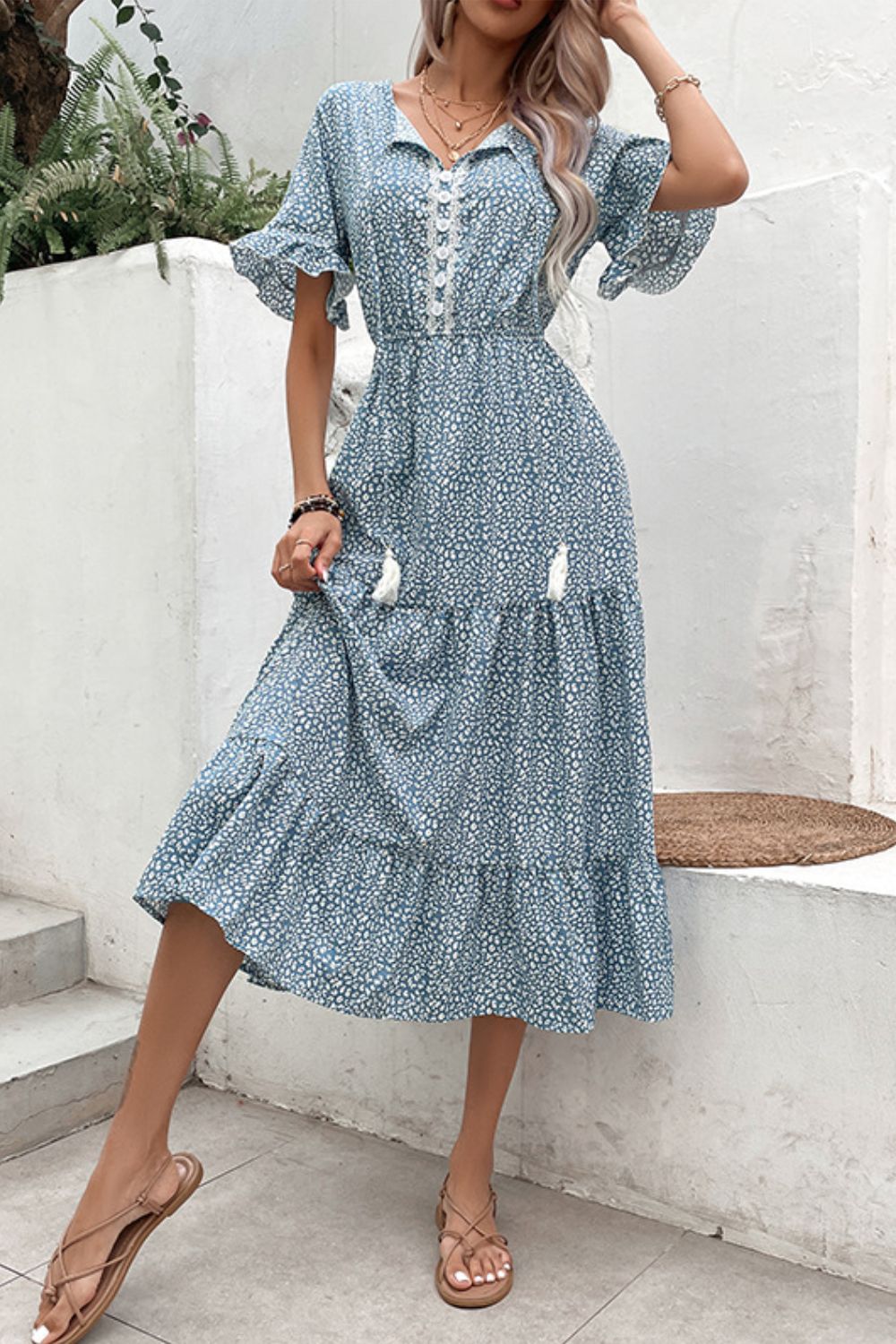 Printed Tassel Tie Flounce Sleeve Dress-Angel Casuals