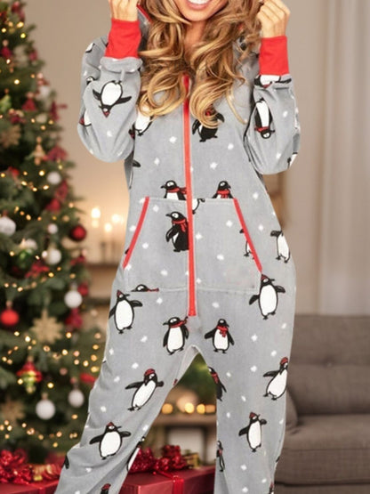 Printed Zip Up Long Sleeve Hooded Jumpsuit-Angel Casuals