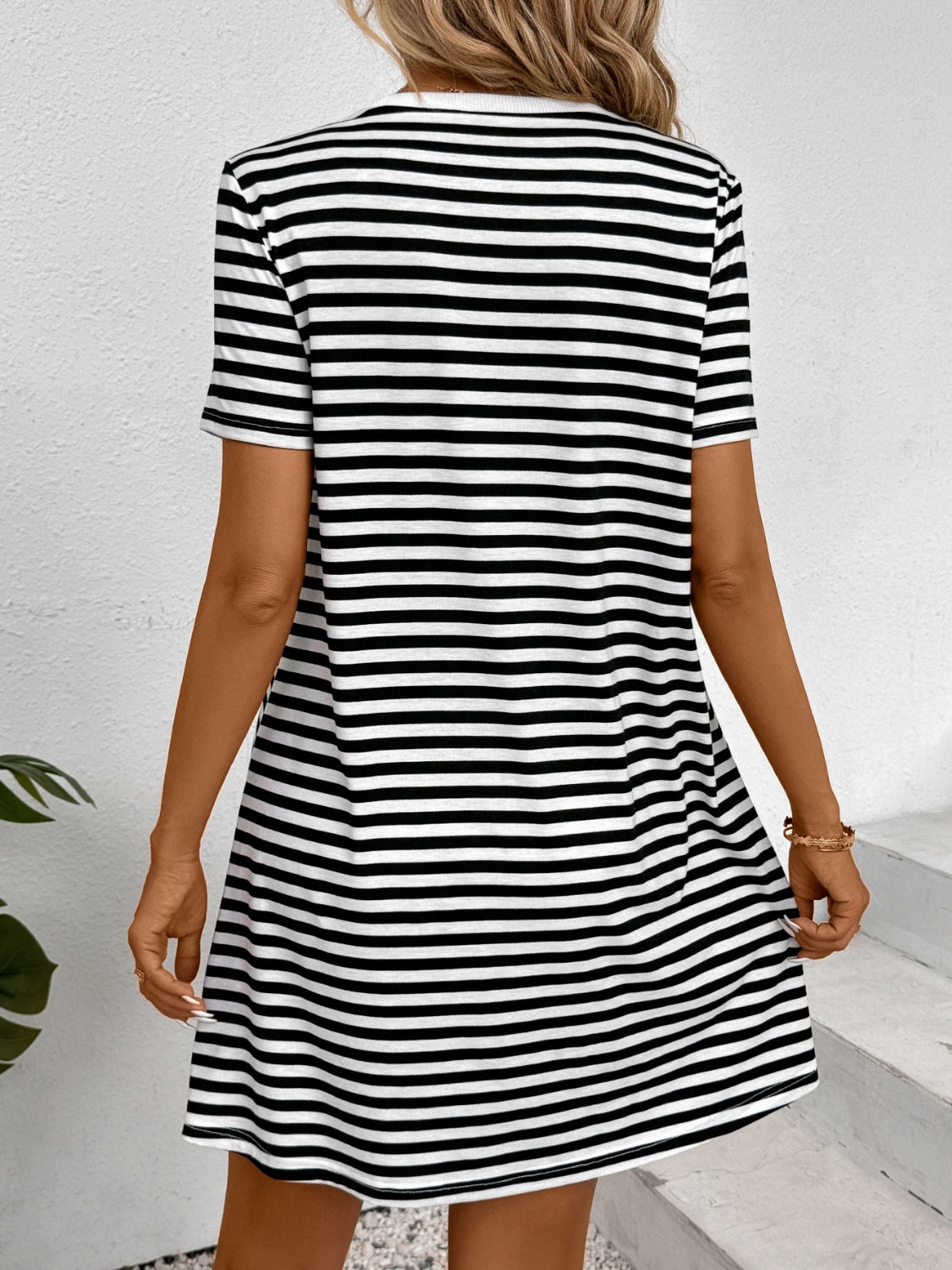 Striped Round Neck Short Sleeve Dress-Angel Casuals