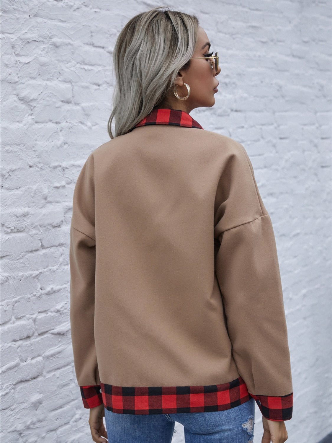 Plaid Trim Long Sleeve Jacket-Angel Casuals