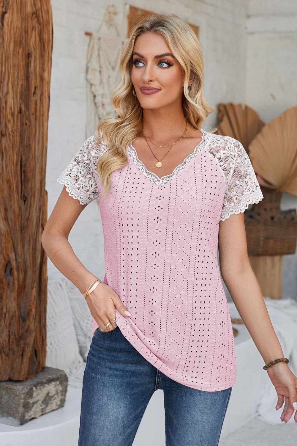 Eyelet V-Neck Lace Short Sleeve T-Shirt-Angel Casuals
