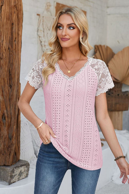Eyelet V-Neck Lace Short Sleeve T-Shirt-Angel Casuals