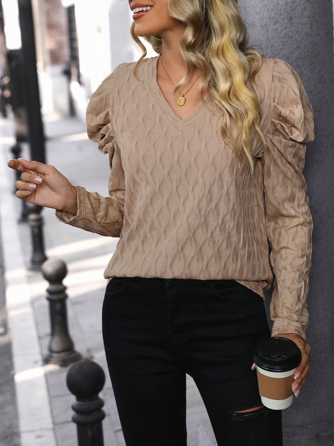 Perfee Textured V-Neck Long Sleeve Top-Angel Casuals