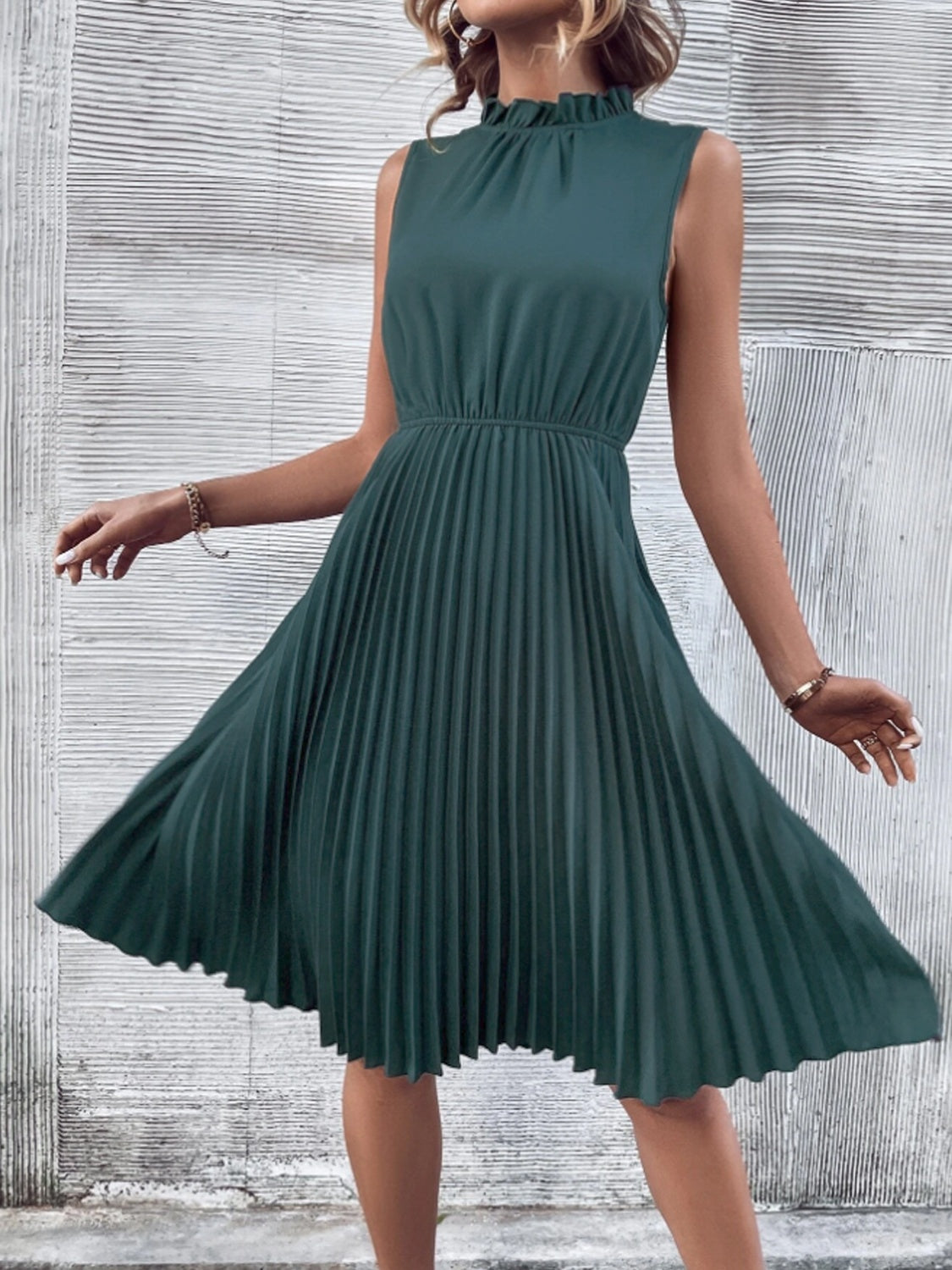 Pleated Frill Mock Neck Sleeveless Dress-Angel Casuals