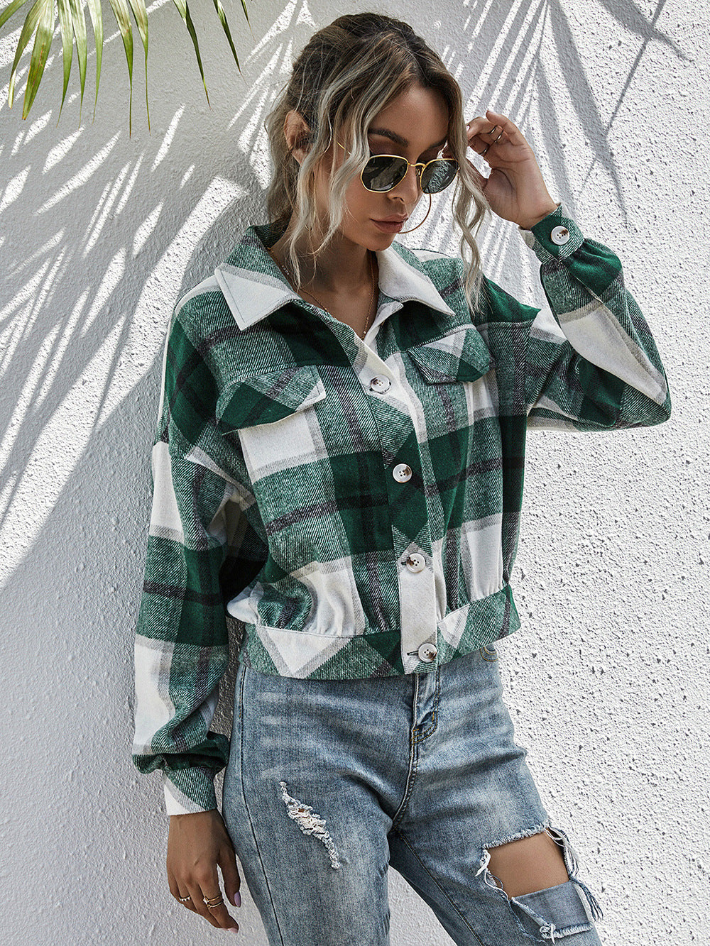 Plaid Dropped Shoulder Shirt Jacket-Angel Casuals