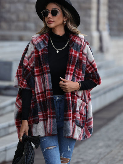 Plaid Hooded Coat with Pockets-Angel Casuals