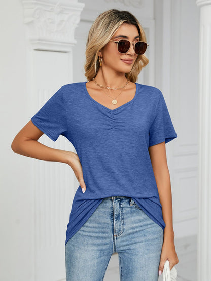 Ruched V-Neck Short Sleeve T-Shirt-Angel Casuals