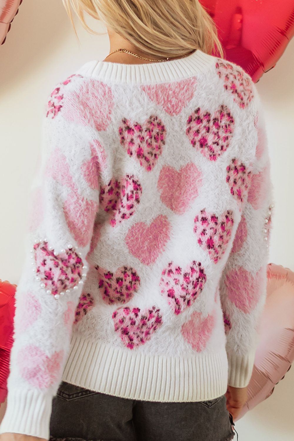 Pearl Detail Heart Round Neck Sweater-Angel Casuals