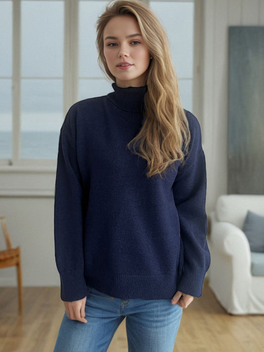 Turtleneck Dropped Shoulder Long Sleeve Sweater-Angel Casuals