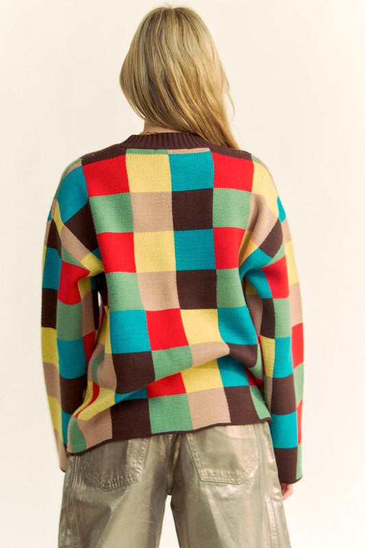 Davi & Dani Color Block Checkered Dropped Shoulder Sweater-Angel Casuals