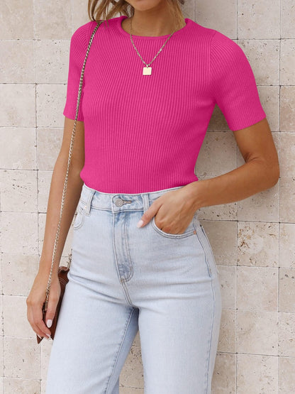 Round Neck Short Sleeve Knit Top-Angel Casuals