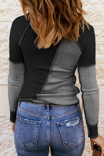 Color Block Round Neck Long Sleeve T-Shirt-Angel Casuals