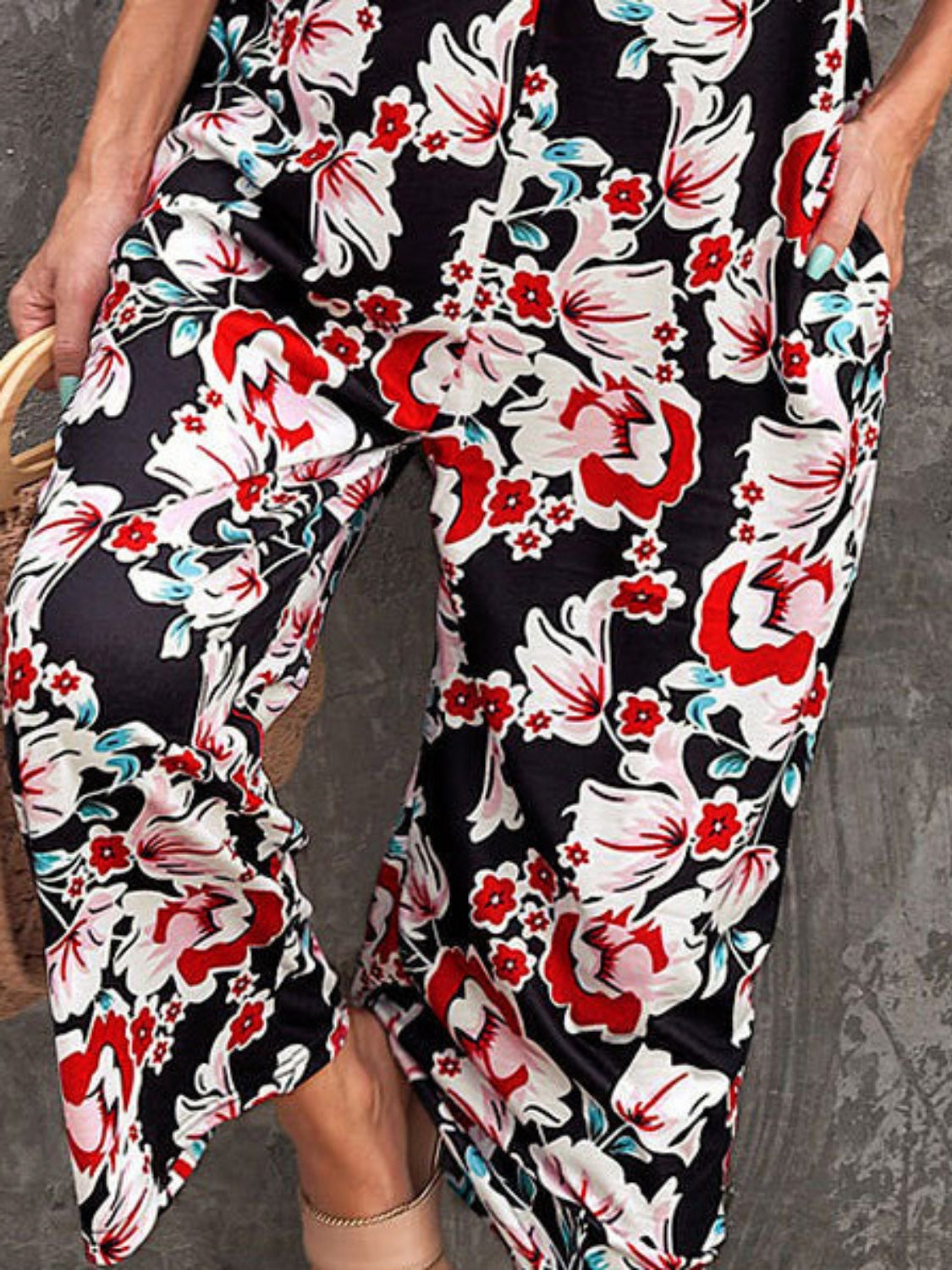 Printed Spaghetti Strap Jumpsuit with Pockets-Angel Casuals