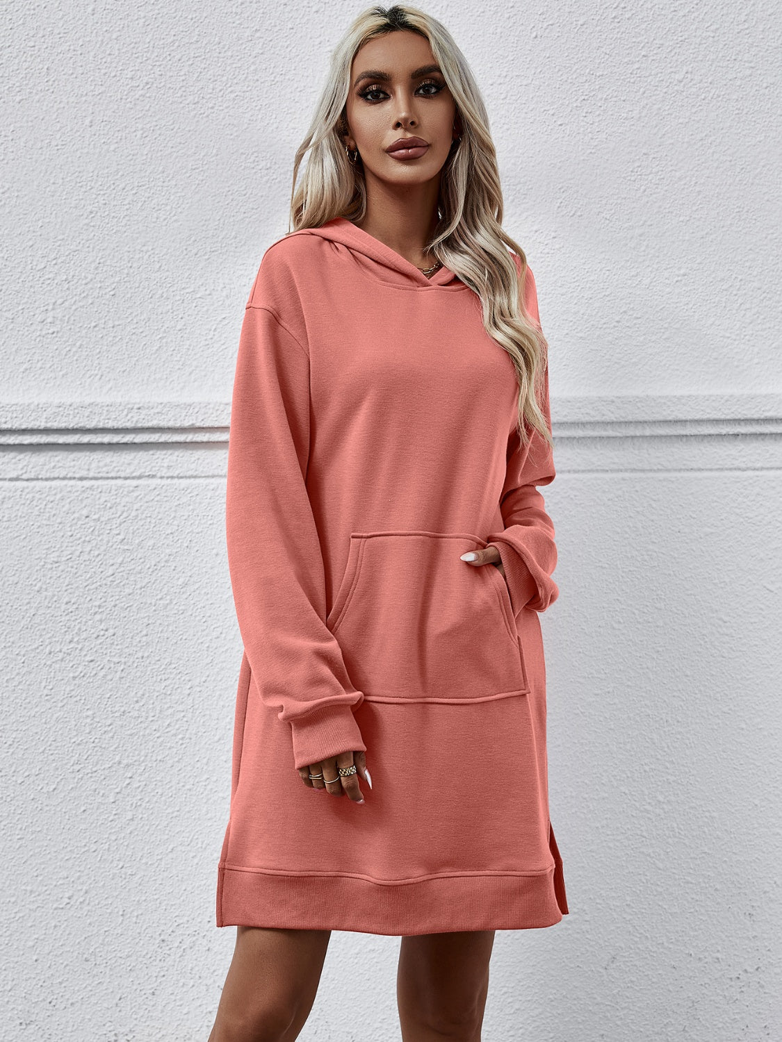 Slit Long Sleeve Hooded Dress with Pocket-Angel Casuals