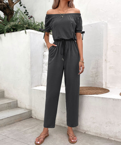 Off-Shoulder Tie Cuff Jumpsuit with Pockets-Angel Casuals