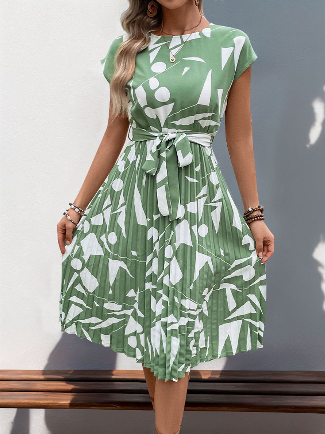 Tied Pleated Printed Cap Sleeve Dress-Angel Casuals