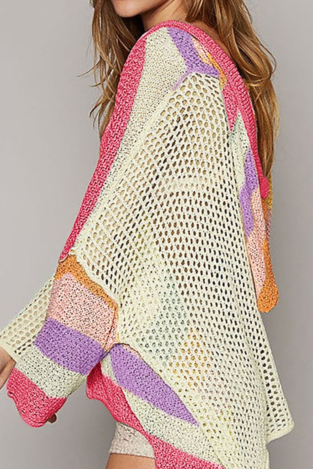 Openwork Color Block Hooded Sweater-Angel Casuals