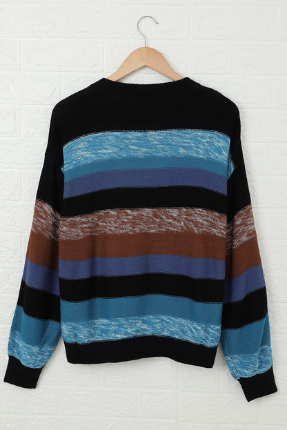 Contrast Striped Round Neck Drop Shoulder Sweater-Angel Casuals