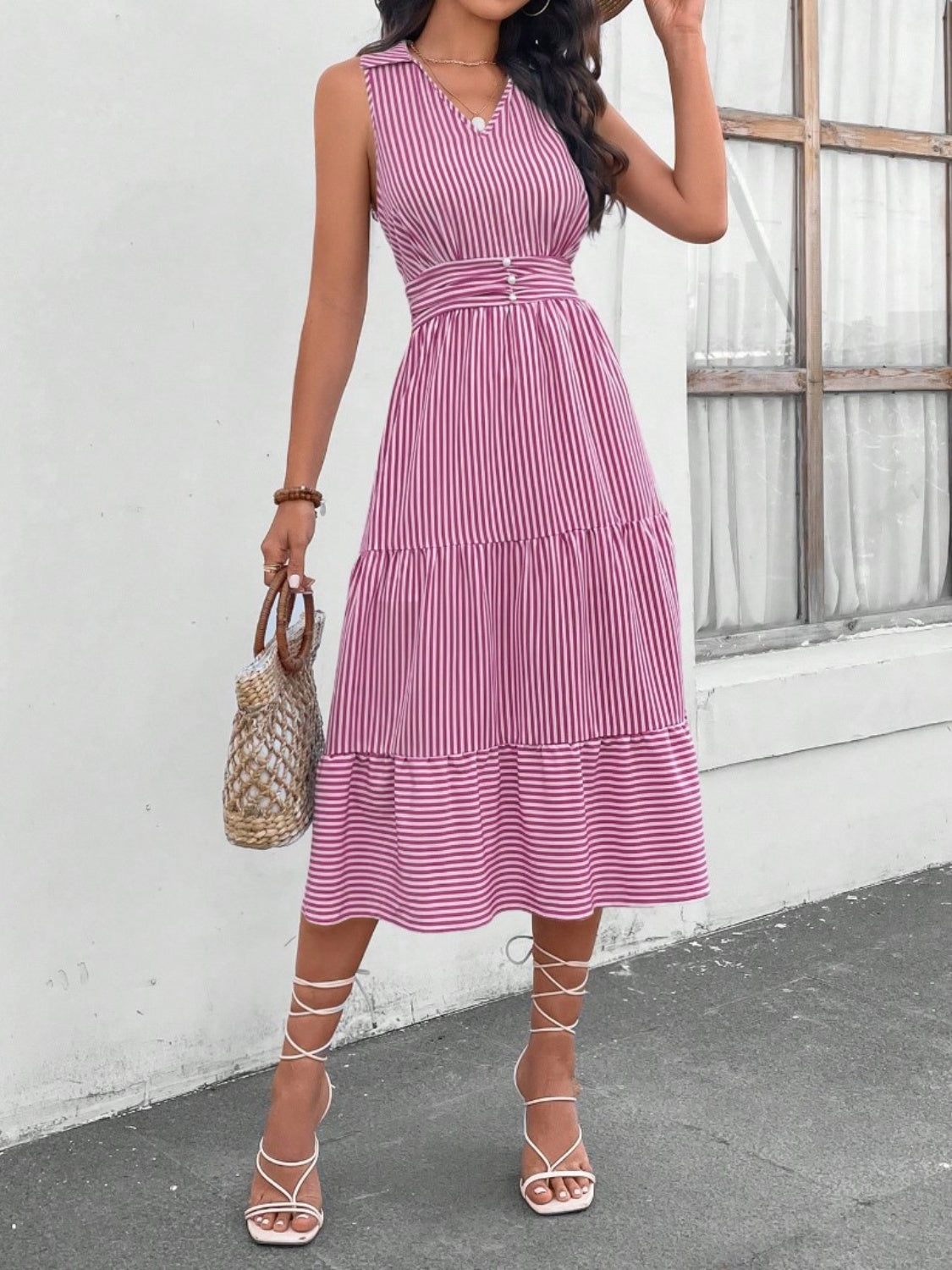 Striped Johnny Collar Sleeveless Midi Dress-Angel Casuals