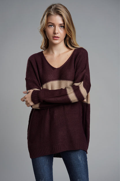 Slit Contrast V-Neck Long Sleeve Sweater-Angel Casuals