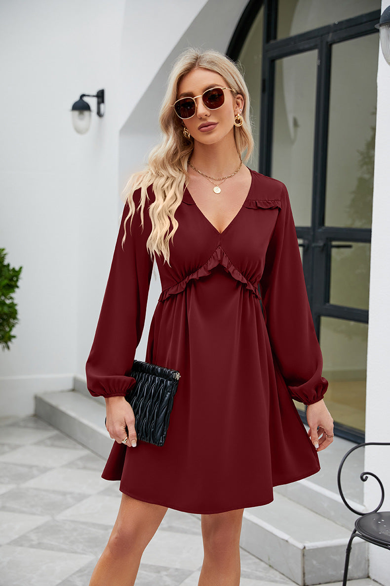 Frill Trim V-Neck Long Sleeve Dress-Angel Casuals