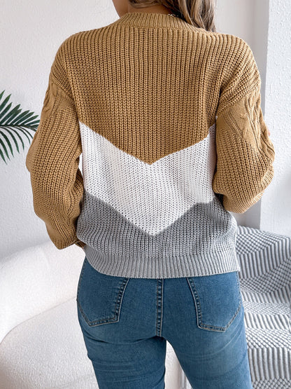 Cable-Knit Color Block Round Neck Sweater-Angel Casuals