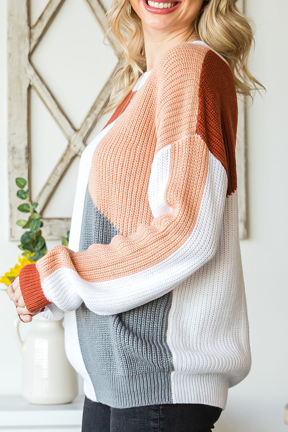 Color Block Drop Shoulder Long Sleeve Sweater-Angel Casuals