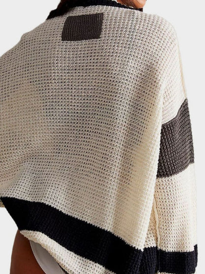 Pocketed Contrast V-Neck Long Sleeve Cardigan-Angel Casuals