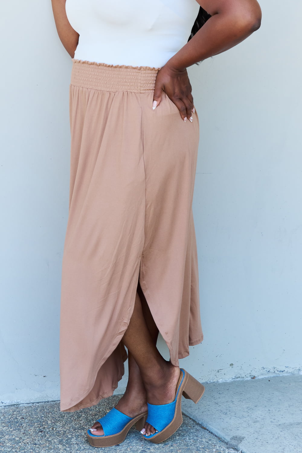 Doublju Comfort Princess Full Size High Waist Scoop Hem Maxi Skirt in Tan-Angel Casuals