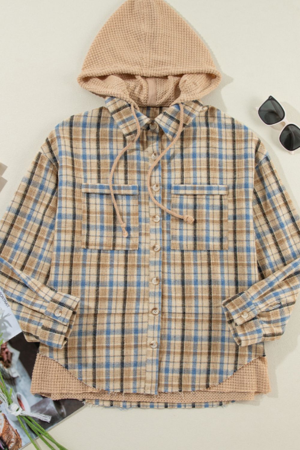 Drawstring Waffle Knit Patchwork Hooded Plaid Shacket-Angel Casuals